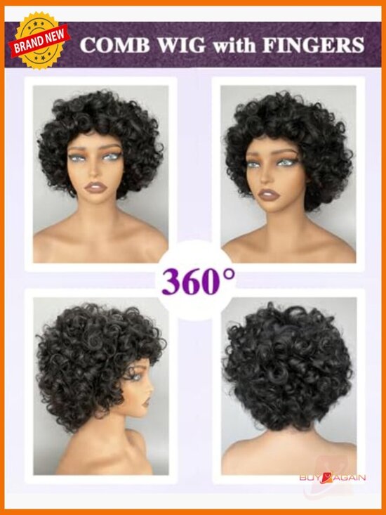 Short Curly Human Hair Wig With Bangs 180% Density Glueless Beginner Friendly